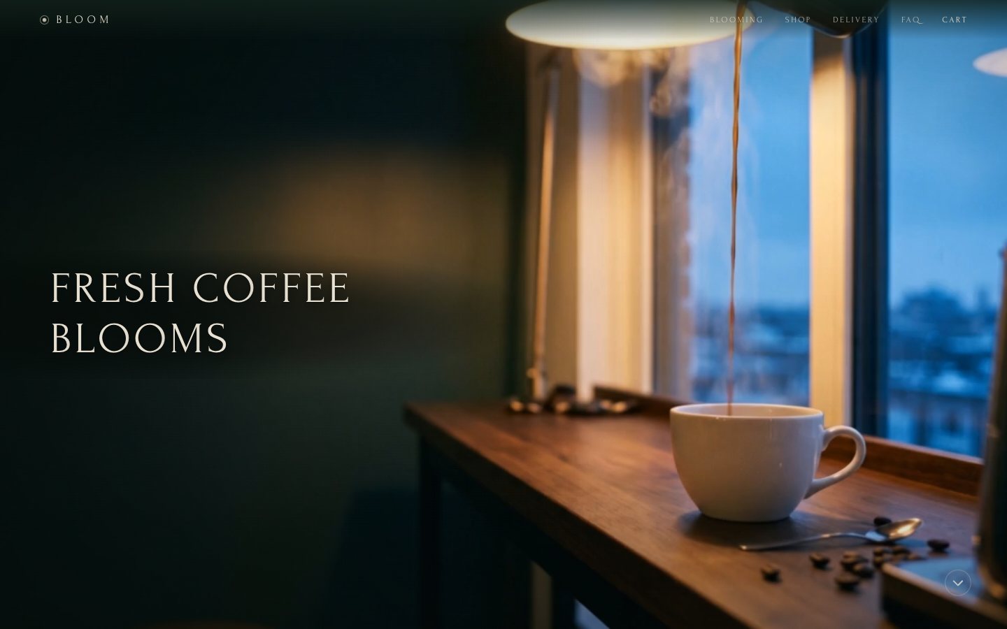 First screen of the BLOOM coffee house site: coffee pouring into a cup by the window