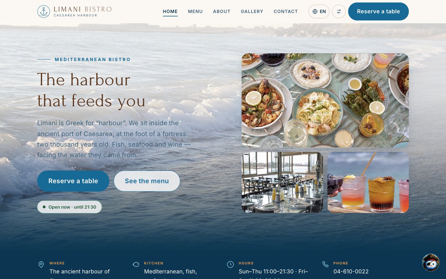 Limani Bistro home page: the sea and photographs of the dishes